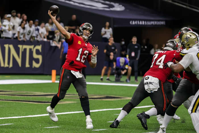 Tampa Bay quarterback Tom Brady (12) passes the ball against New Orleans. Mandatory Credit: Stephen Lew-USA TODAY